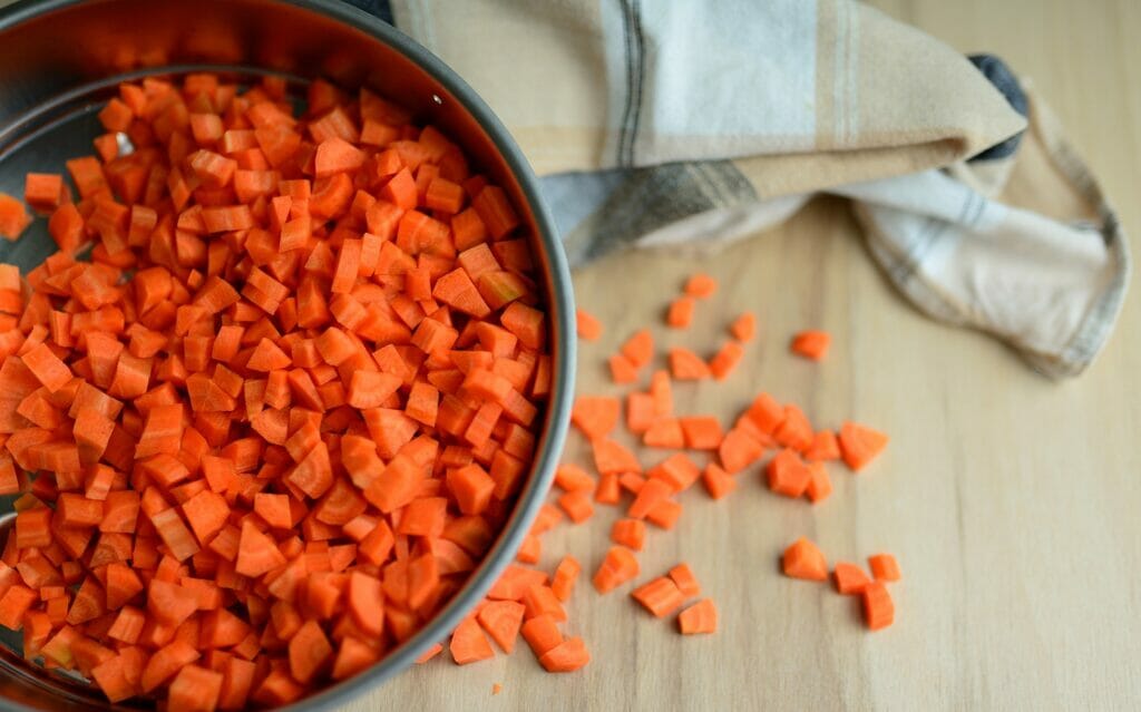 Brunoise carrot cut. Knife cutting techniques.