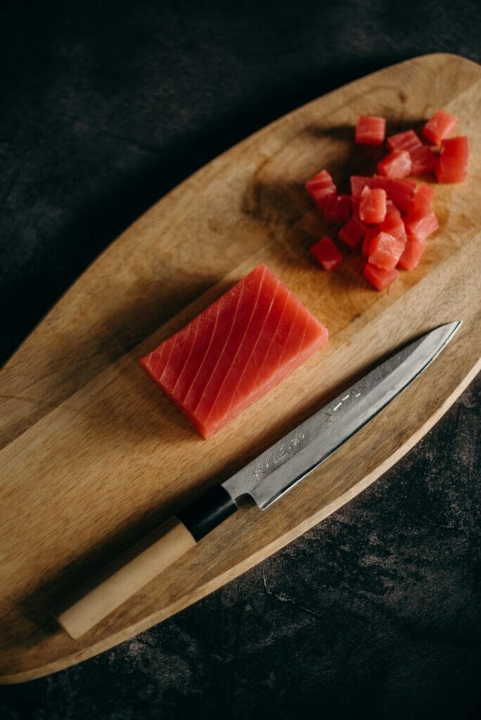 Diced Tuna. Knife cutting techniques.