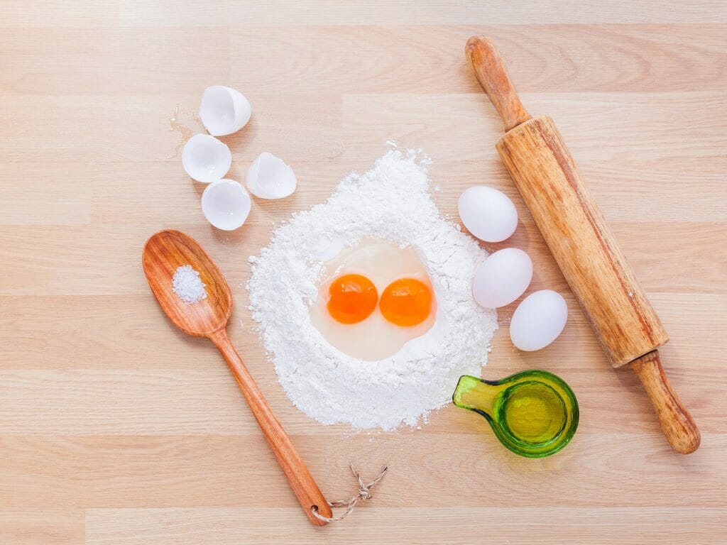 most used kitchen ingredients, flour, salt and eggs.