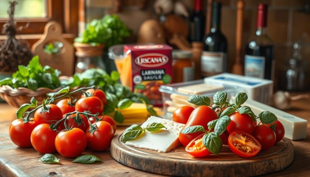 A rustic kitchen counter, bathed in warm, natural light, showcases an array of fresh ingredients for a perfect lasagna. In the foreground, a selection of plump tomatoes, fragrant basil leaves, and a wedge of parmesan cheese sit atop a weathered wooden cutting board. In the middle ground, a package of lasagna noodles, a jar of marinara sauce, and a carton of ricotta cheese are neatly arranged. In the background, a selection of dried herbs, a garlic bulb, and a bottle of red wine add depth and authenticity to the scene. The overall composition evokes a sense of homemade culinary excellence, inviting the viewer to envision the creation of a delectable lasagna.