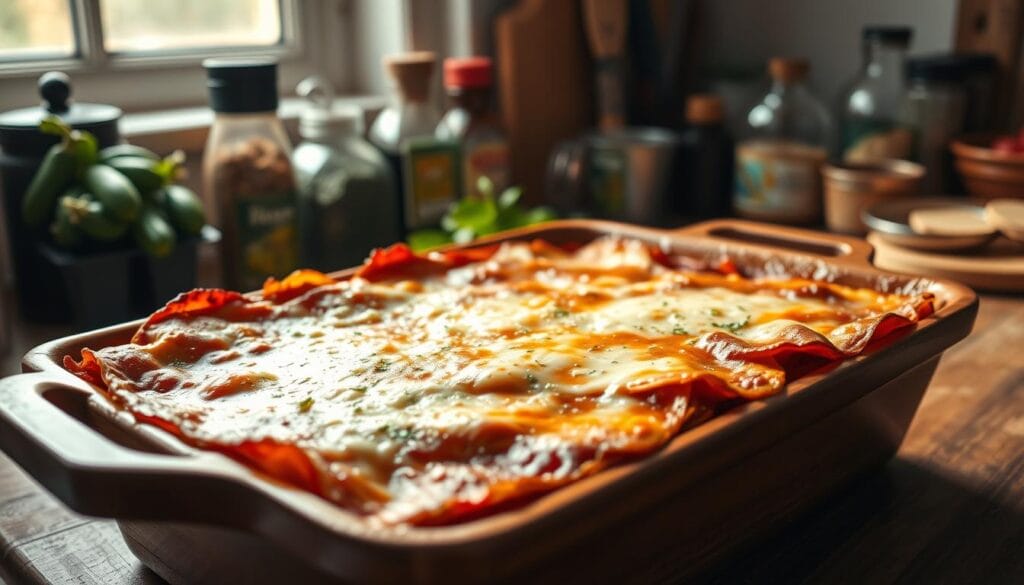 A warm, inviting photograph of a classic italian lasagna dish, glistening with melted cheese and nestled in a rustic, wooden baking dish. The scene is set in a cozy kitchen, with muted natural light filtering through a window, casting a soft, golden glow over the foreground. In the background, a collection of herbs, spices, and other cooking ingredients hint at the care and attention that has gone into the preparation of this comfort food staple. The overall mood is one of homely, authentic italian cuisine, inviting the viewer to experience the rich, satisfying flavors of this beloved dish.