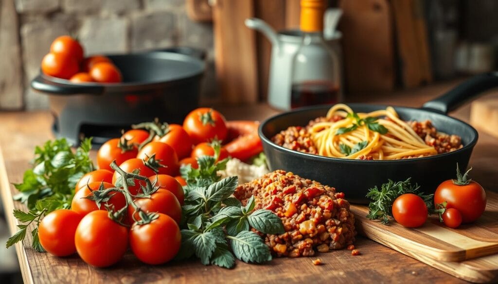A rustic kitchen countertop arranged with the finest ingredients for a classic spaghetti bolognese - a medley of juicy tomatoes, fragrant herbs, savory ground beef, and a splash of red wine. The lighting is warm and natural, casting a soft glow over the scene. A vintage cast-iron skillet and a wooden cutting board add to the homey, artisanal vibe. The focus is on the vibrant colors and textures of the ingredients, inviting the viewer to imagine the rich, flavorful sauce simmering on the stovetop. This captivating still-life captures the essence of a homemade bolognese, enticing the senses and setting the stage for a delectable culinary experience.