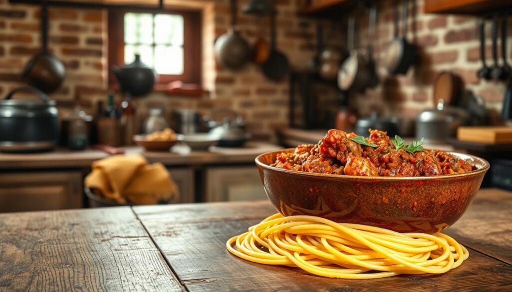 A rustic kitchen interior, with a wooden table in the foreground. On the table, a large, deep bowl filled with a rich, savory bolognese sauce, made with ground meat, tomatoes, herbs, and red wine. The sauce simmers gently, its aroma filling the air. In the middle ground, a tangle of freshly cooked spaghetti noodles, twirling and intertwining. The background showcases the history of the dish, with antique pots, pans, and utensils hanging on the exposed brick walls, hinting at the centuries-old culinary traditions that birthed this iconic italian comfort food. Warm, natural lighting filters through a window, casting a cozy, inviting glow over the scene. A sense of rustic elegance and timeless tradition pervades the composition.