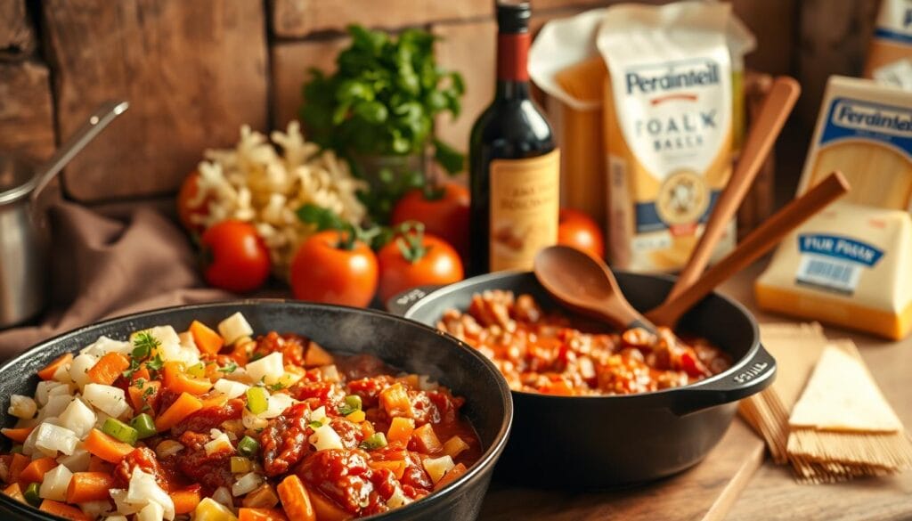 A rustic kitchen scene showcasing the step-by-step process of making easy spaghetti bolognese. In the foreground, diced onions, carrots, and celery sizzle in a cast-iron skillet over an open flame. Freshly minced garlic and herbs release their aromas. In the middle ground, plump tomatoes, tomato paste, and a bottle of robust red wine come together, simmering into a rich, meaty sauce. In the background, a package of spaghetti noodles waits to be cooked, accompanied by a wooden spoon and a wedge of parmesan. Warm, golden lighting illuminates the scene, capturing the comforting and homemade atmosphere of this classic italian dish.