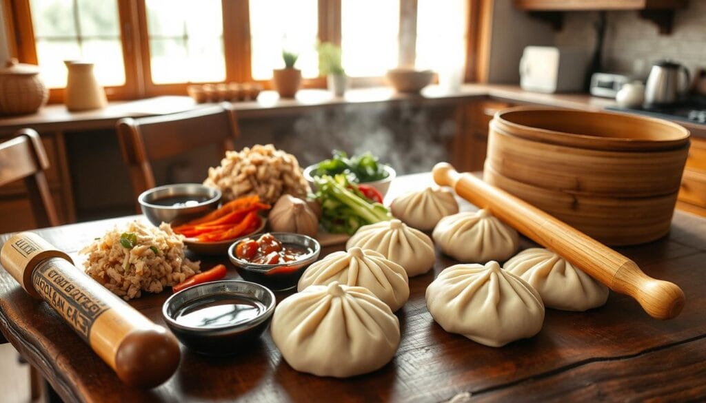 A rustic wooden table in a cozy kitchen, the morning light filtering through the windows. On the tabletop, an assortment of ingredients for authentic chinese steamed buns: soft, pillowy dough, freshly ground pork, crisp vegetables, and fragrant sauces. Beside them, a rolling pin and a bamboo steamer, the tools of the trade. The scene exudes the warmth and simplicity of homemade dim sum, inviting the viewer to imagine the delicious xiao long bao that will soon emerge from the kitchen.